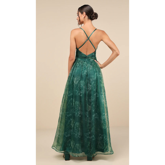 Lulus Romance That Wows Dark Green Floral Print Organza Maxi Dress Size S - Picture 10 of 14